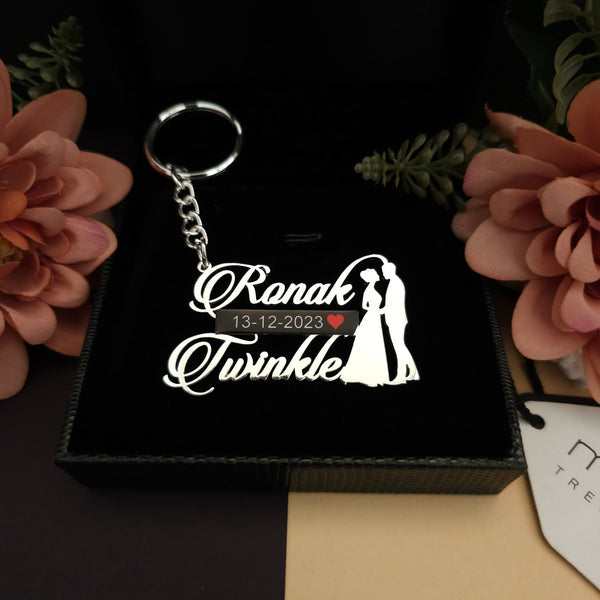 Wedding Date Couple Names Premium Keychain Silver plated