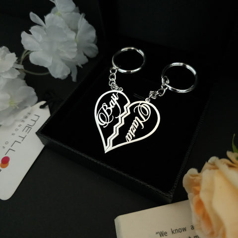 Customization Couple Name in Two Heart Keychain 92.5 Silver Plated