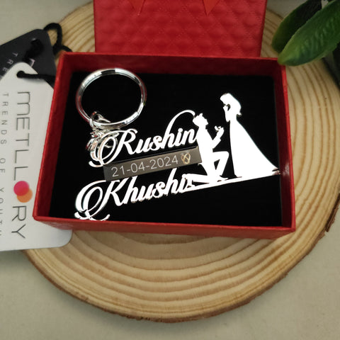 Customization Engagement Date Couple Name Keychain 92.5 Silver Plated