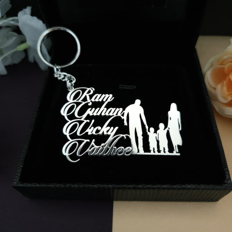 Family 4 Member Names Premium Keychain 92.5 Silver plated
